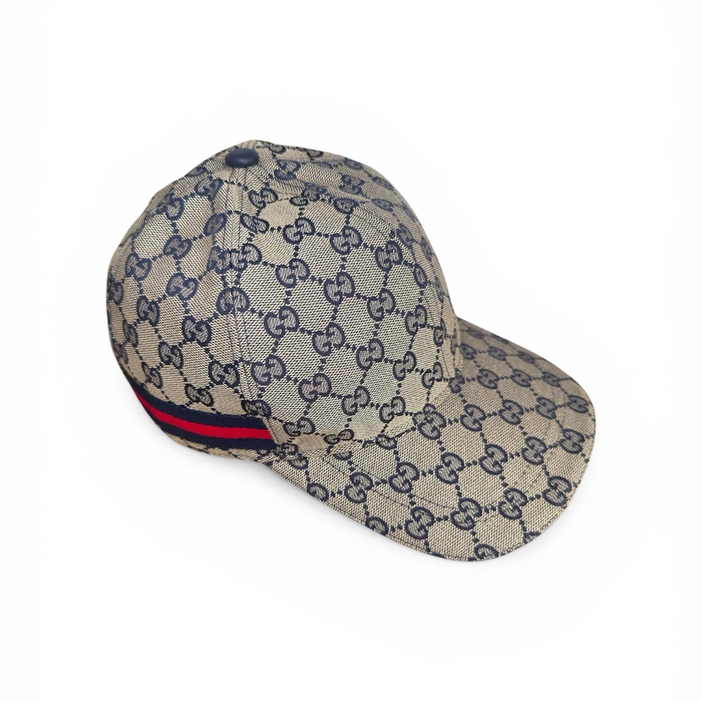 Gucci Beige GG Monogram Cap with Blue Monogram and Red Stripe